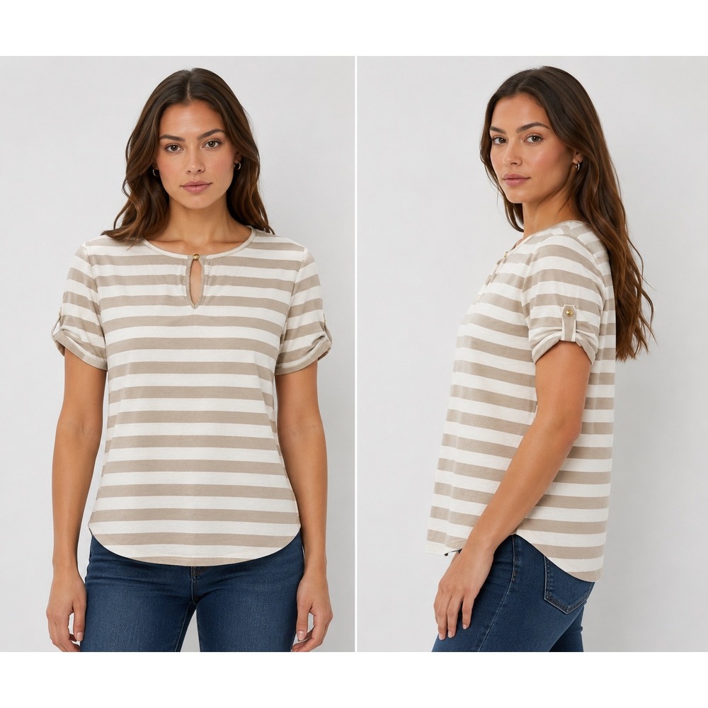 Michael Kors Tan White Striped Keyhole Top Short Sleeve XL Roll Tab Sleeve